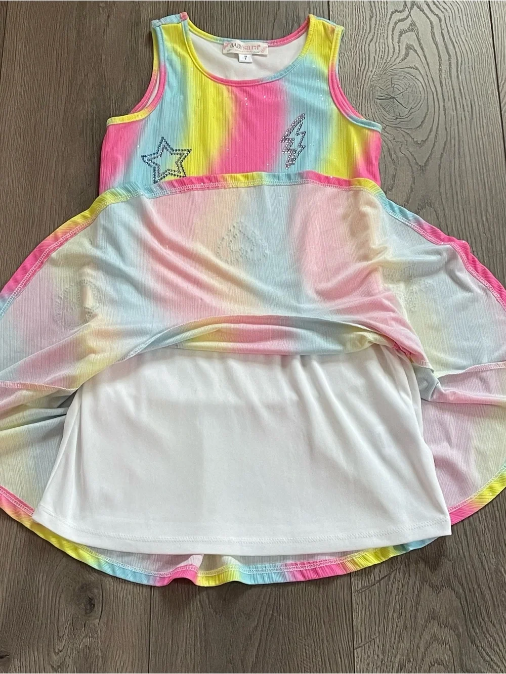Sara Sara Pastel Rainbow Sparkly Rhinestone Girls Size 7 Drop Waist Dress